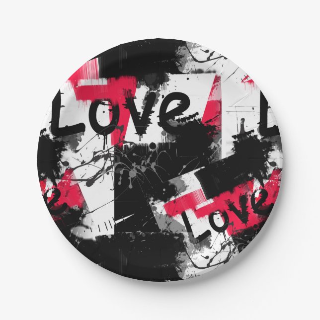 Black and white with red spots love pattern paper plate (Front)