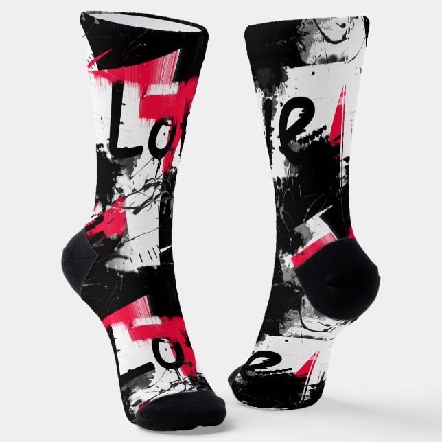 Black and white with red spots love pattern socks (Angled)