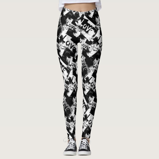 Black and white with spots pattern of love leggings (Front)