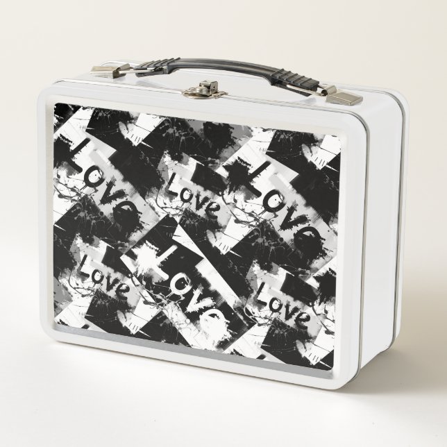 Black and white with spots pattern of love metal lunch box (Front)