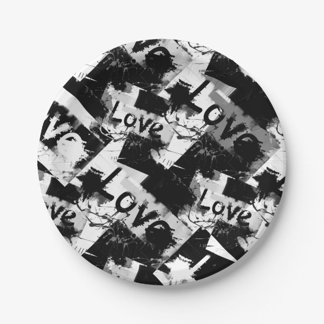 Black and white with spots pattern of love paper plate (Front)
