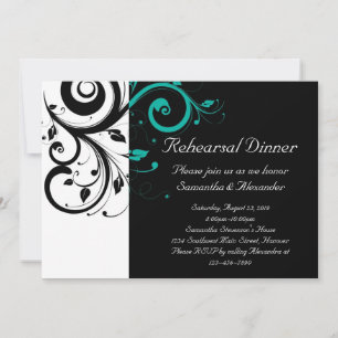 Black and White with Teal Reverse Swirl Invitation