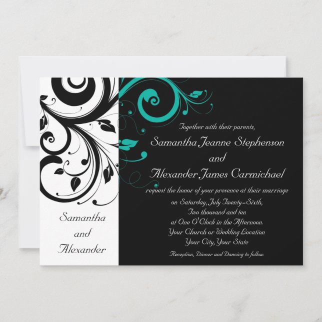 Black and White with Teal Reverse Swirl Invitation (Front)