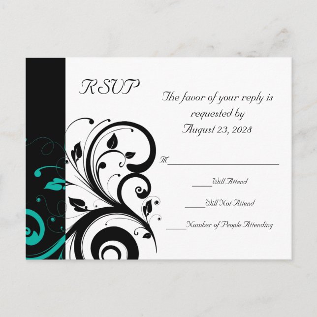 Black and White with Teal Reverse Swirl Invitation Postcard (Front)