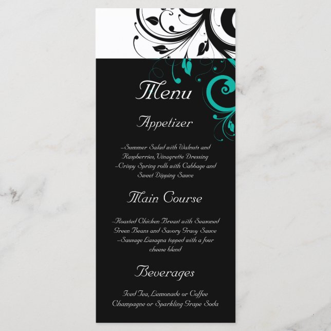 Black and White with Teal Reverse Swirl Menu (Front)