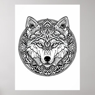 Black and White Wolf Coloring Book Style Poster