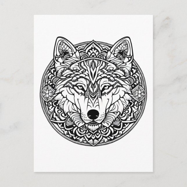 Black and White Wolf Colouring Book Style Postcard (Front)