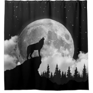 Black and white wolf howling at the moon