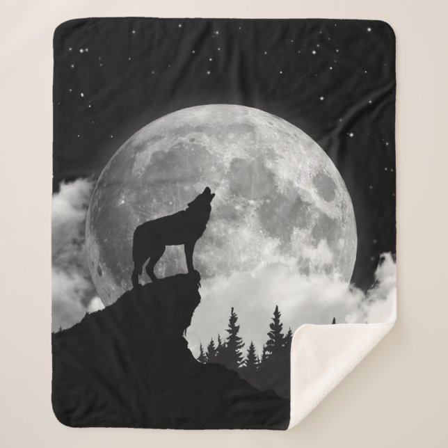 Black and white wolf howling at the moon sherpa blanket (Front)