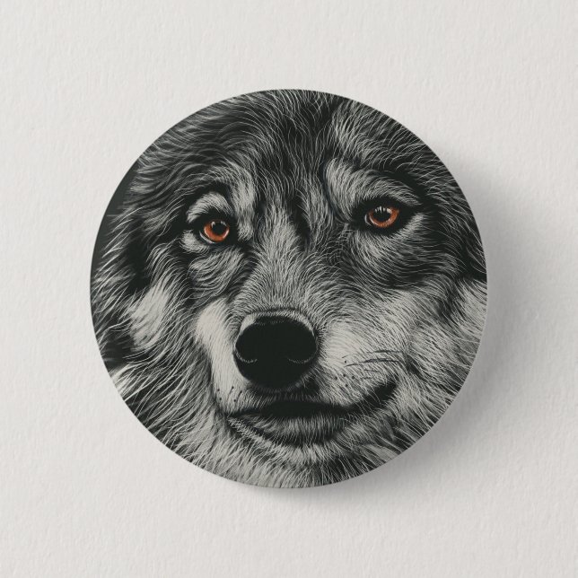 Black and white wolf illustration 2 inch round button (Front)