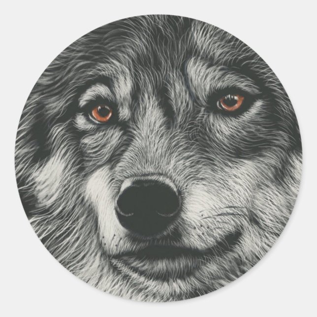 Black and white wolf illustration classic round sticker (Front)