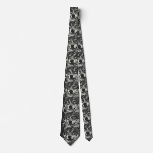 Black and white wolf illustration tie (Front)