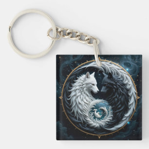 Black and White Wolves in Cosmic Yin-Yang Symbol Keychain