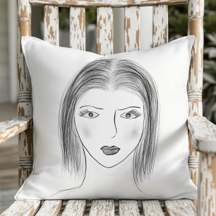 Black and White Woman Face Sketch Throw Pillow