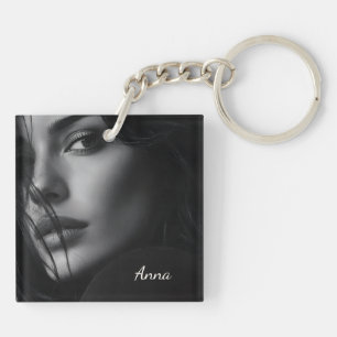 Black and White Woman Portrait Custom Text Keychain