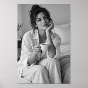 Black and White Woman with Coffee Portrait Poster