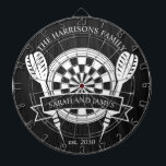 Black and White Wood Family Custom Name Wedding Dartboard<br><div class="desc">Celebrate your special day with the Black and White Wood Family Custom Name Wedding Dart Board. Featuring a timeless monochrome design, this dartboard can be personalized with the couple's last name, making it a unique keepsake or playful wedding gift. Perfect for adding charm to your home or for entertaining guests,...</div>