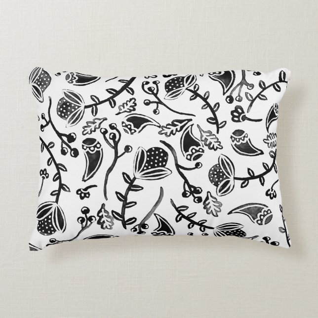 Black and White Woodland Floral Pattern Accent Pillow (Front)