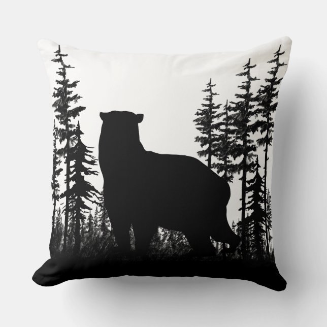 Black And White Woodland Pine Forest Bear Throw Pillow (Front)