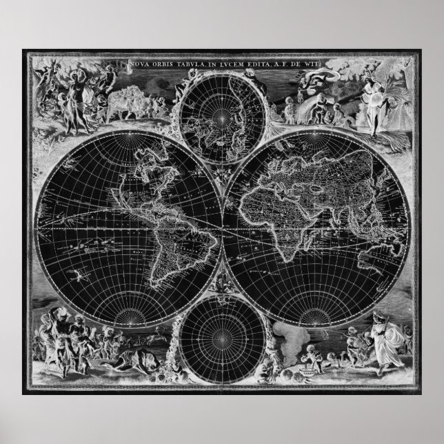 Black and White World Map (1670) Inverse Poster (Front)