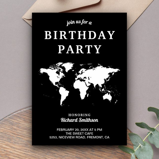 Black and White World Map Birthday Party Invitation (Creator Uploaded)