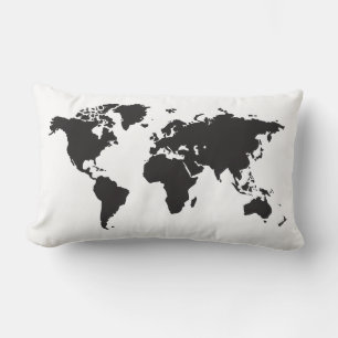 Black and White World Map Lumbar Pillow