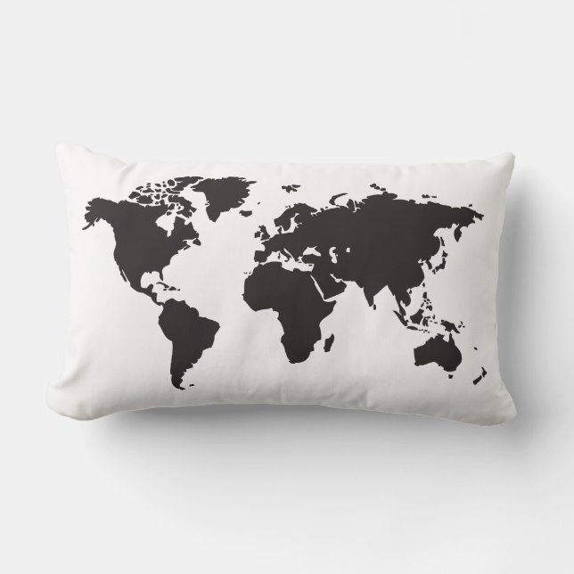 Black and White World Map Lumbar Pillow (Front)