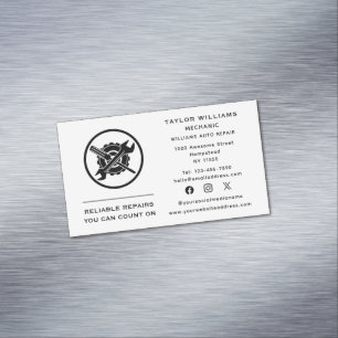 Black And White Wrench Auto Repair Social Media Magnetic Business Card