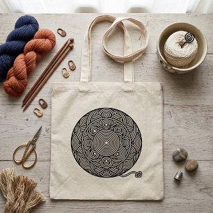 Black and White Yarn Ball Mandala Tote Bag