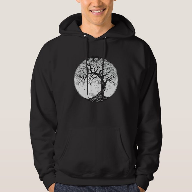 black and white Yggdrasil cherry blossom tree of l Hoodie (Front)