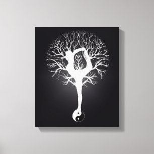 Black and white yoga tree with woman and yin yang. canvas print