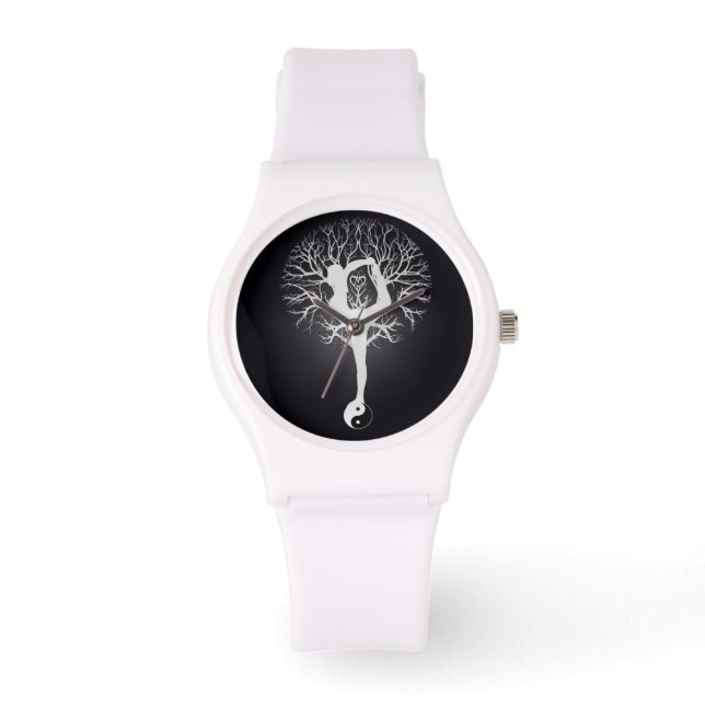 Black and white yoga tree with woman and yin yang. watch (Front)