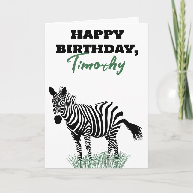 Black and White Zebra in the Grass Birthday Card (Front)