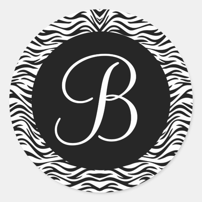 Black and White Zebra Monogram Wedding V02 Classic Round Sticker (Front)