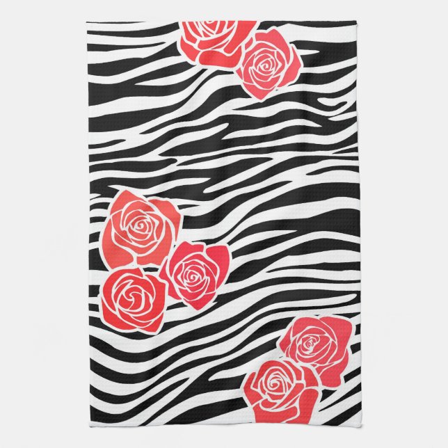 Black and white Zebra pattern + red roses Kitchen Towel (Vertical)