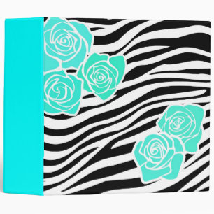 Black and white Zebra pattern + turquoise roses Binder