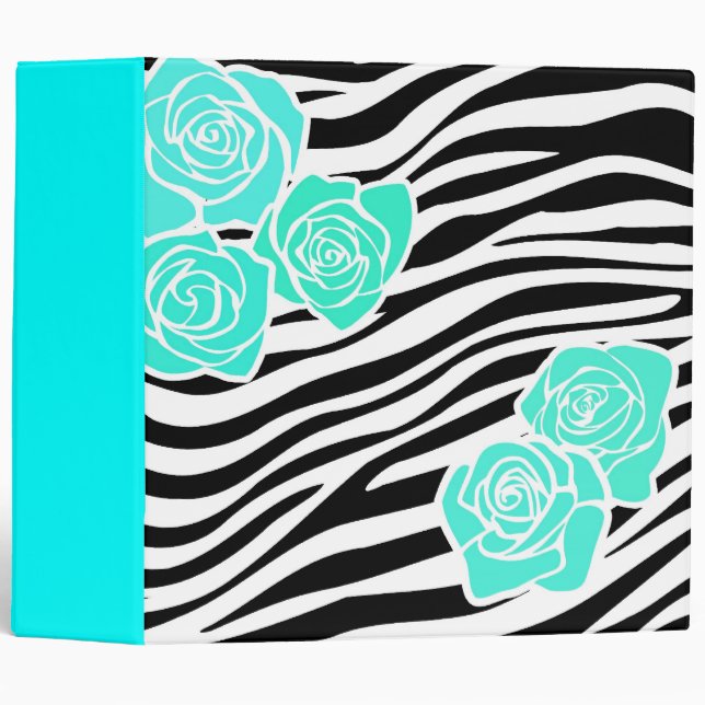 Black and white Zebra pattern + turquoise roses Binder (Front/Spine)