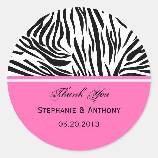 Black and White Zebra Print and Hot Pink Thank You Classic Round Sticker (Front)