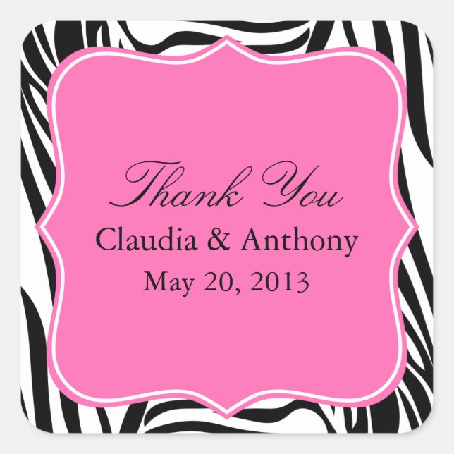 Black and White Zebra Print and Hot Pink Thank You Square Sticker (Front)