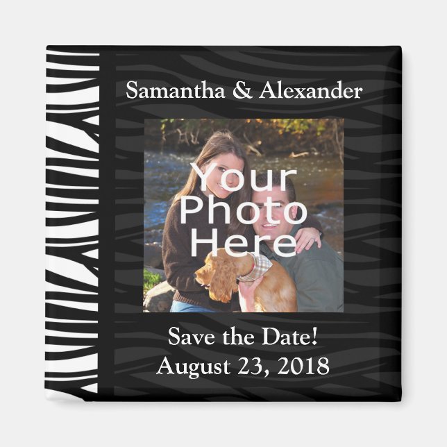 Black and White Zebra Print Photo Save the Date Magnet (Front)