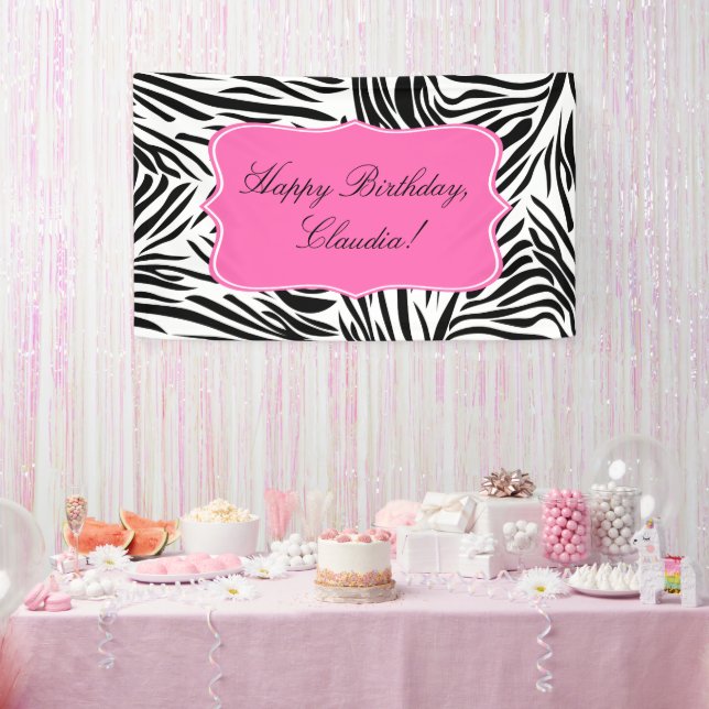 Black and White Zebra Print with Hot Pink Birthday Banner (Party)