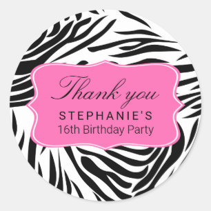Black and White Zebra Print with Hot Pink Birthday Classic Round Sticker