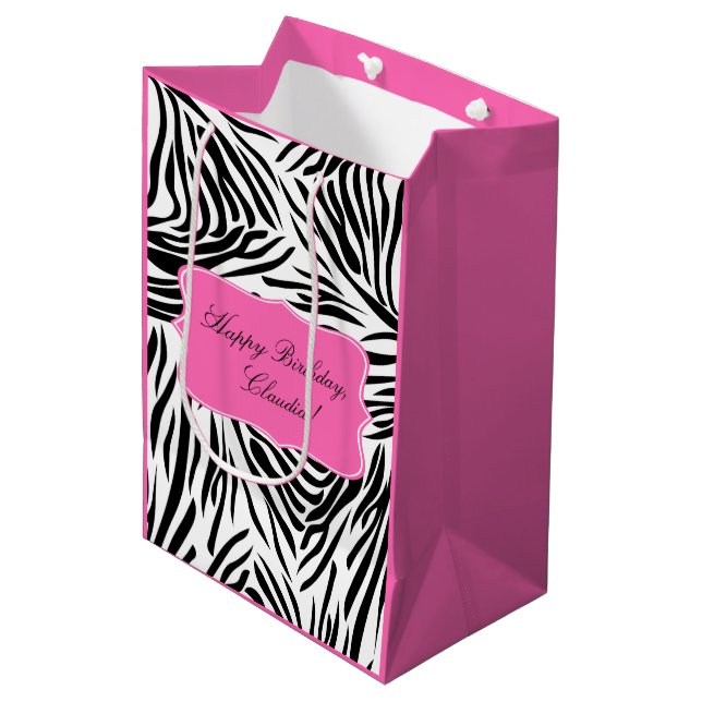Black and White Zebra Print with Hot Pink Birthday Medium Gift Bag (Front Angled)