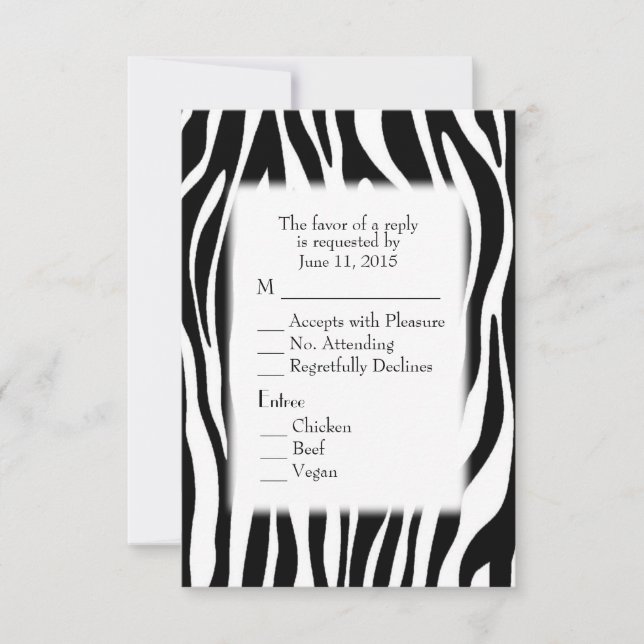 Black and White Zebra  RSVP with Entree Choice Card (Front)