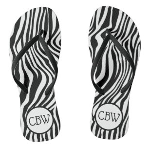 Black and White Zebra Stripe Animal Print Monogram Flip Flops