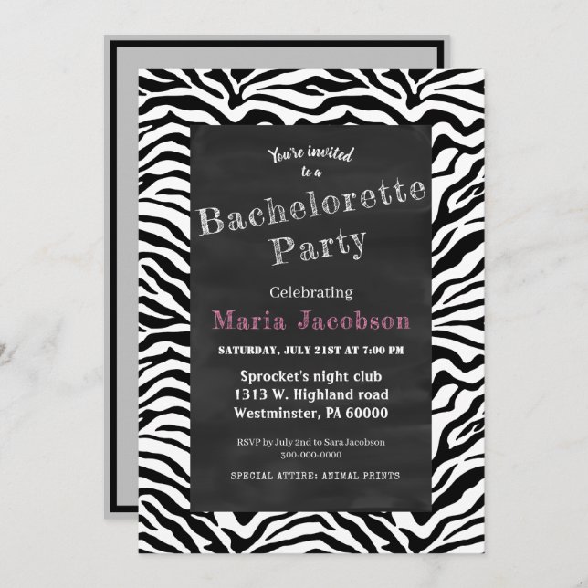 Black and white zebra striped chalkboard invitation (Front/Back)