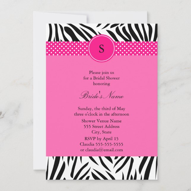Black and White Zebra with Hot Pink Bridal Shower Invitation (Front)