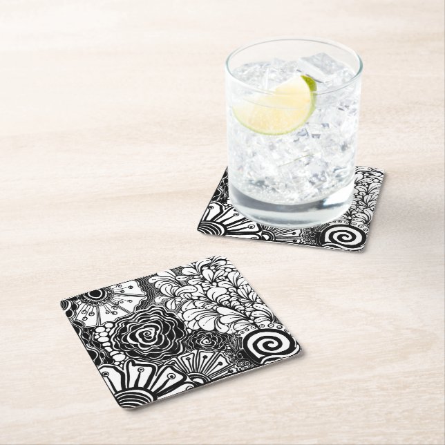 Black And White Zen Floral Patterned Drawing Square Paper Coaster (Insitu)
