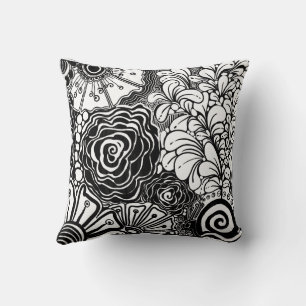 Black And White Zen Floral Patterned Drawing Throw Pillow