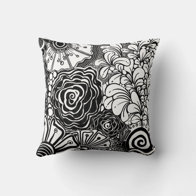 Black And White Zen Floral Patterned Drawing Throw Pillow (Back)